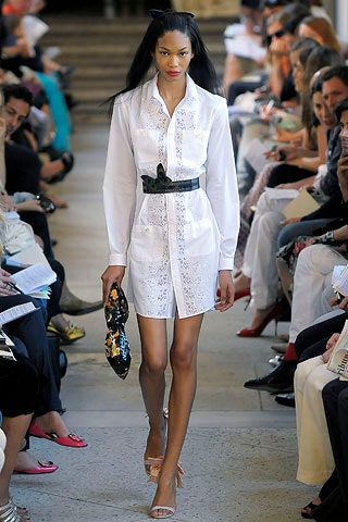 white fitted shirt-dress with black belt