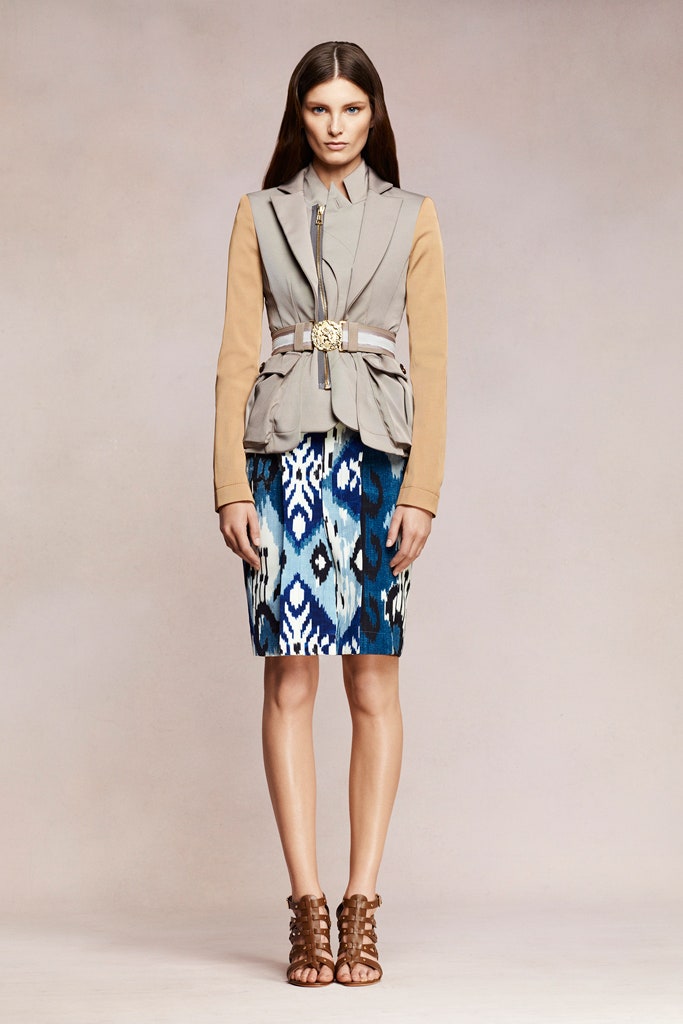 beige tailored blazer with blue pencil skirt