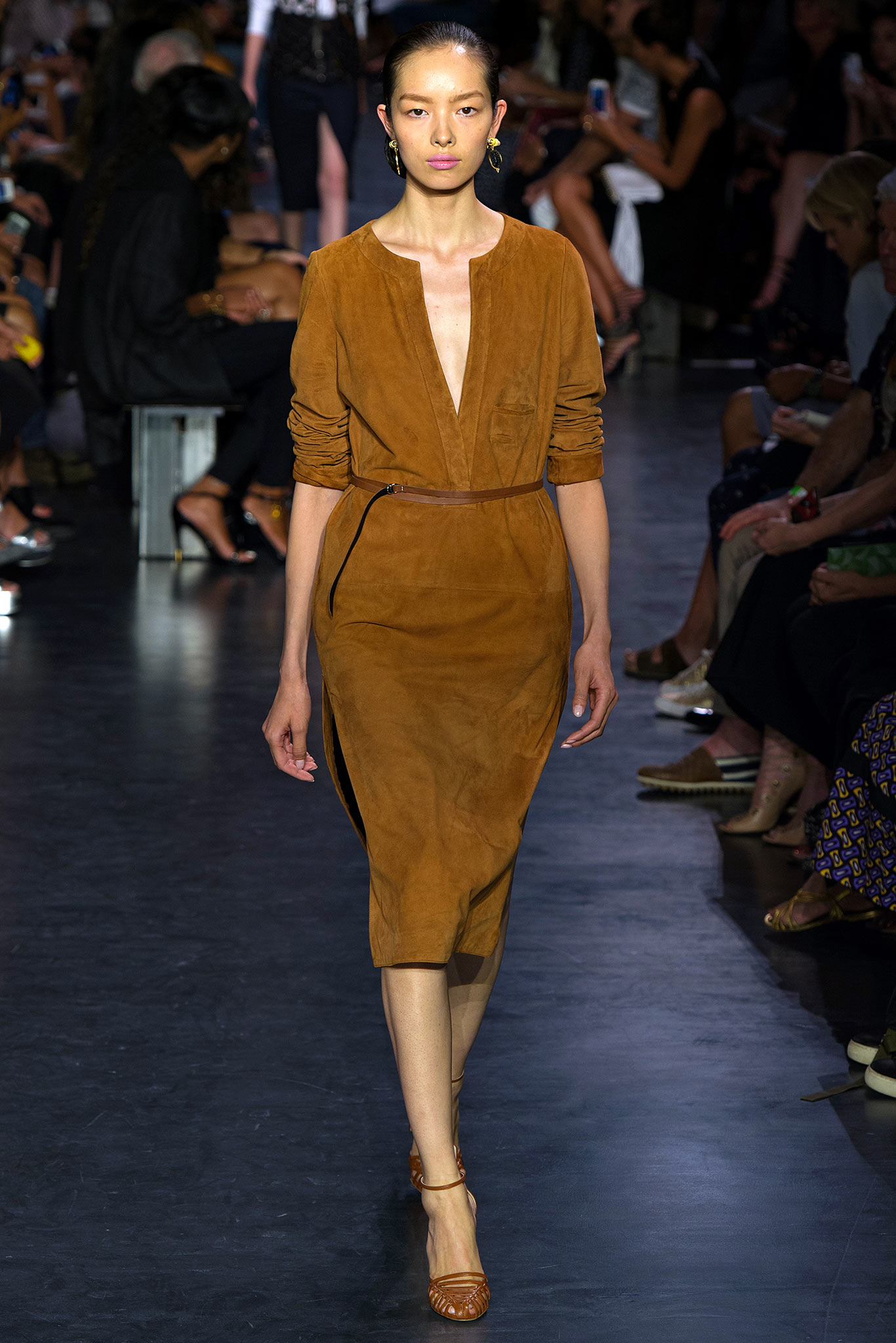 brown suede fitted midi dress