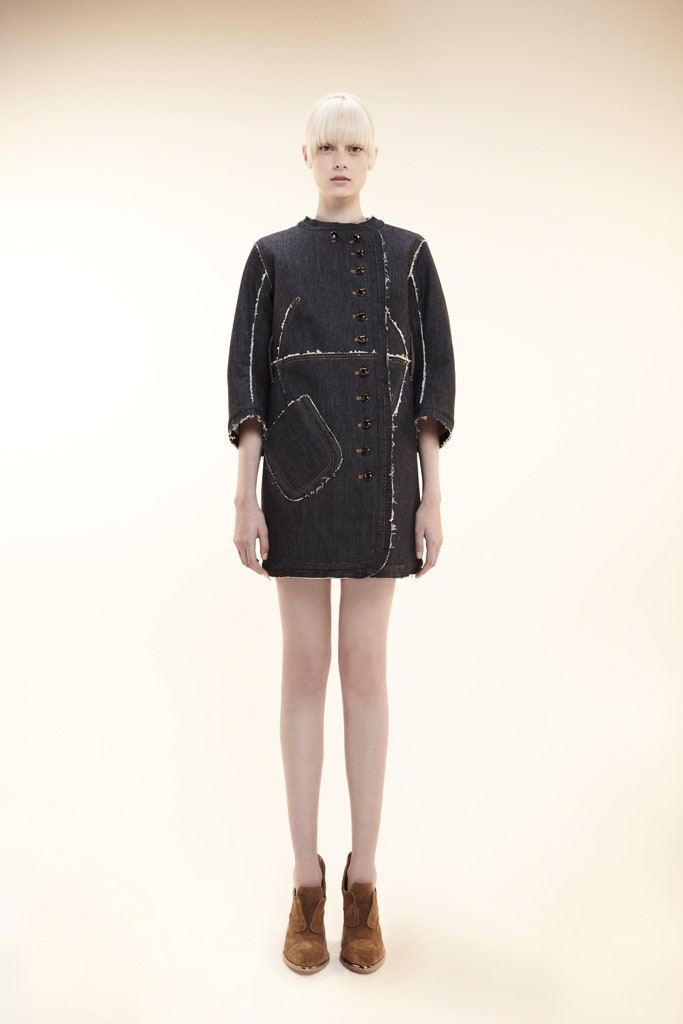 blue denim long-sleeve collared fitted buttoned pockets dress