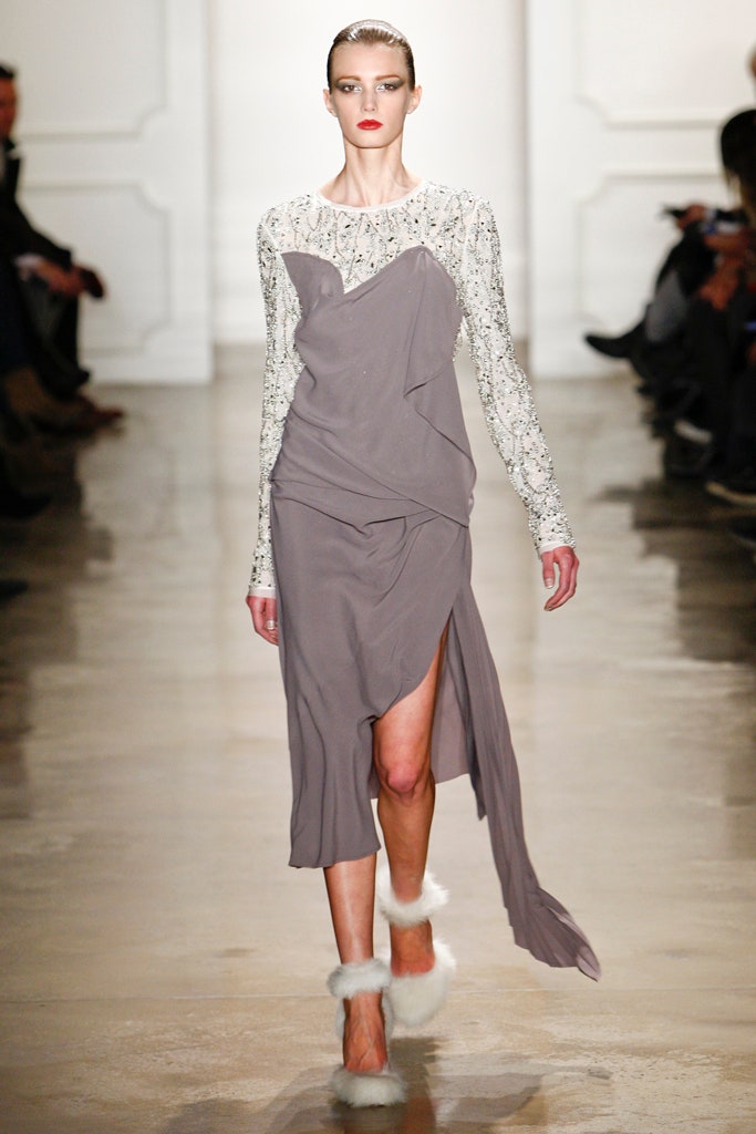 fitted gray silk midi dress