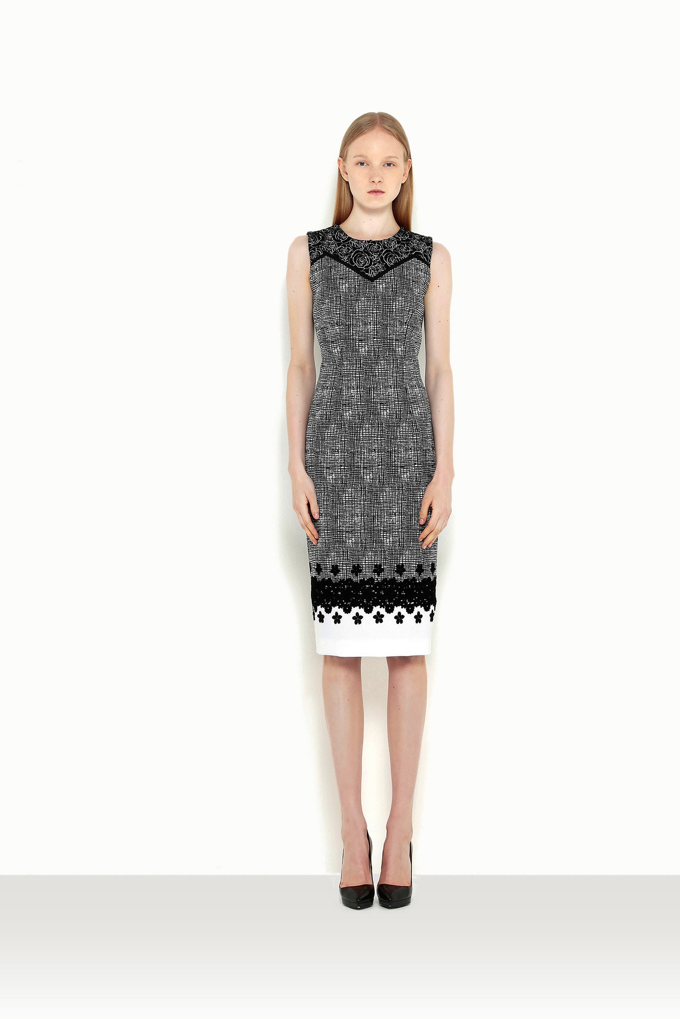 black and white fitted midi dress