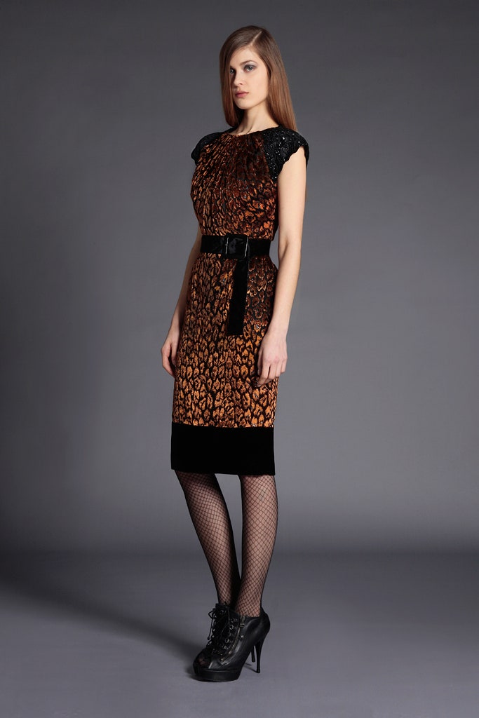 brown velvet short-sleeve collared fitted pencil belted dress