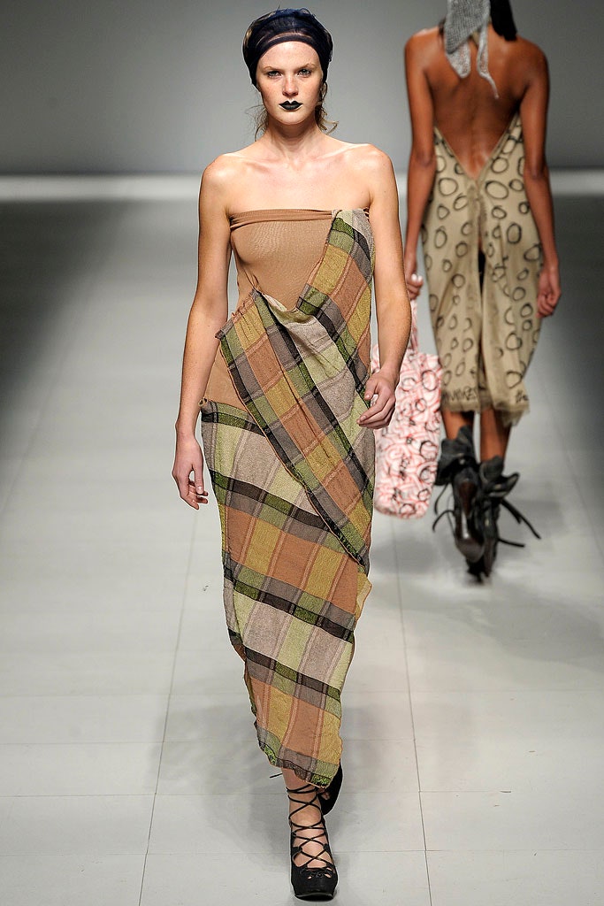 beige brown green plaid dress