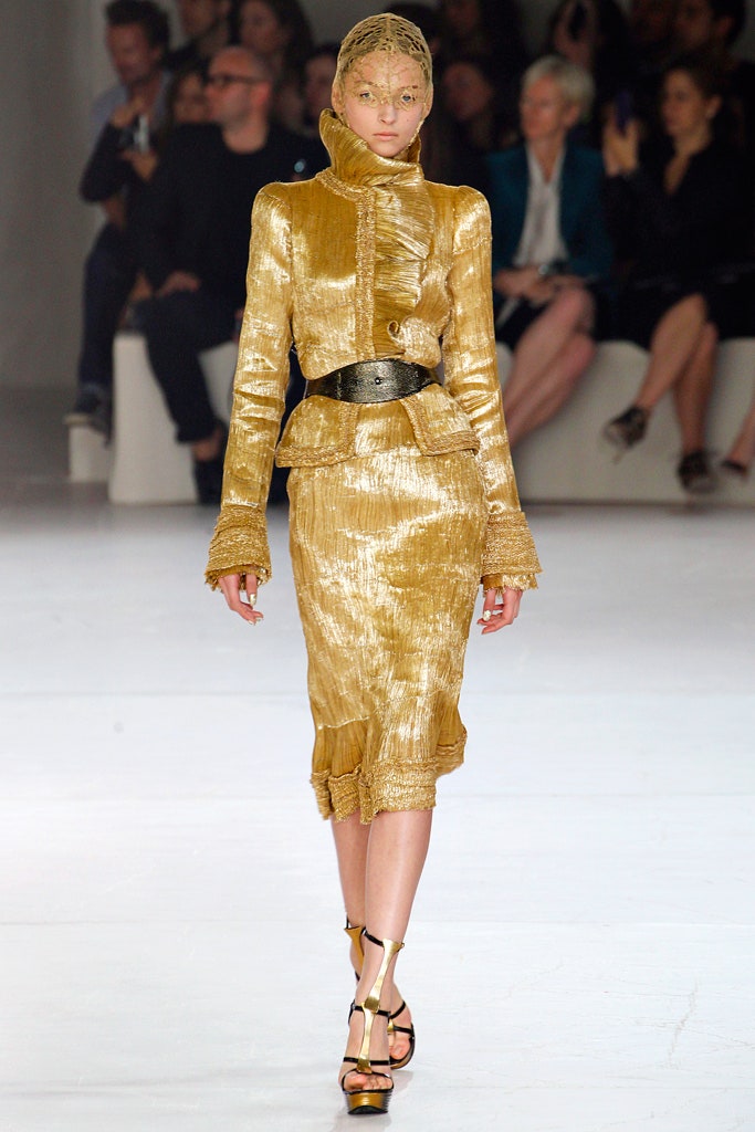 gold silk long-sleeve high-neck fitted pencil ruched dress