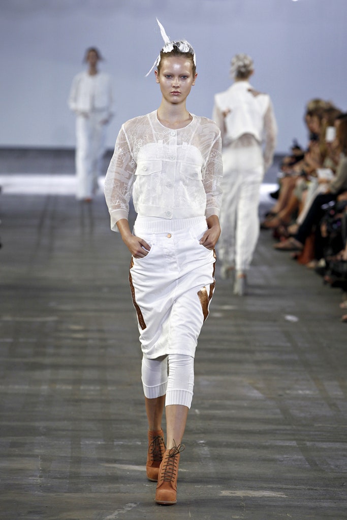 white lace blouse with relaxed pants