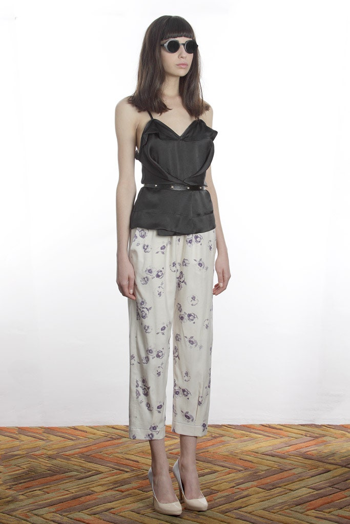 black silk fitted top with printed pants