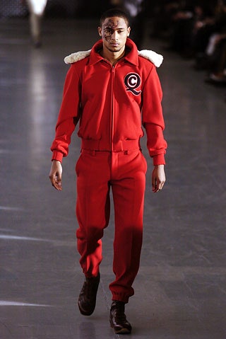 red fitted jacket and pants