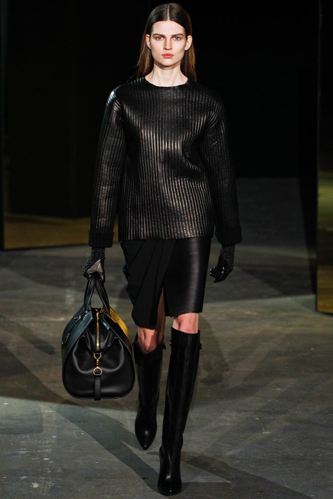 black leather long-sleeve collared fitted textured top