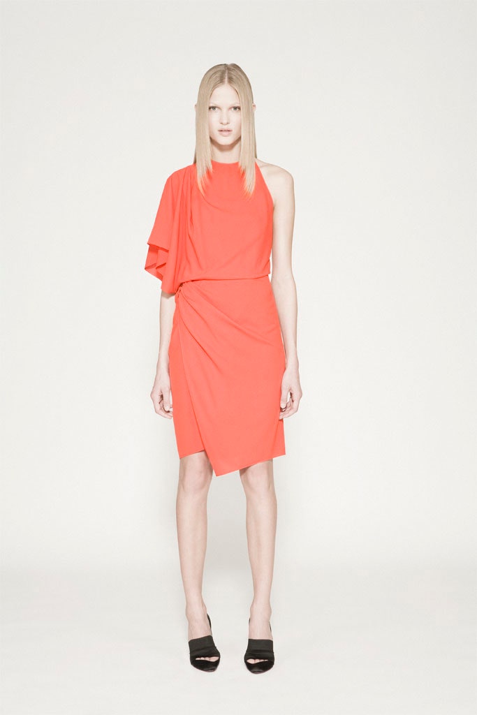 red asymmetric dress with heels
