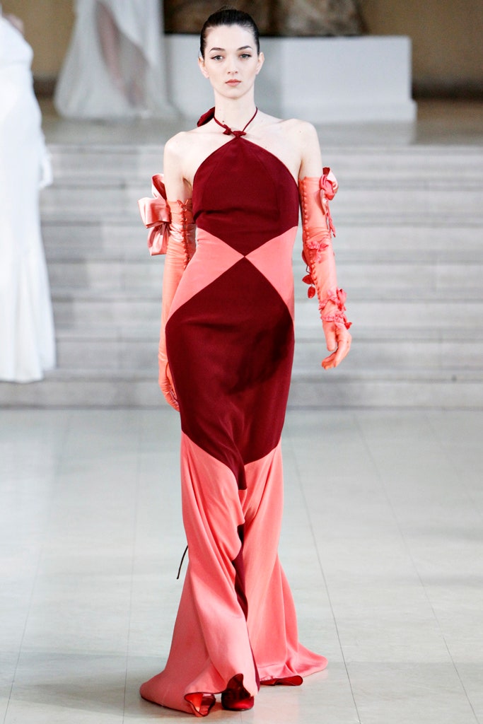 red and pink color-blocked gown