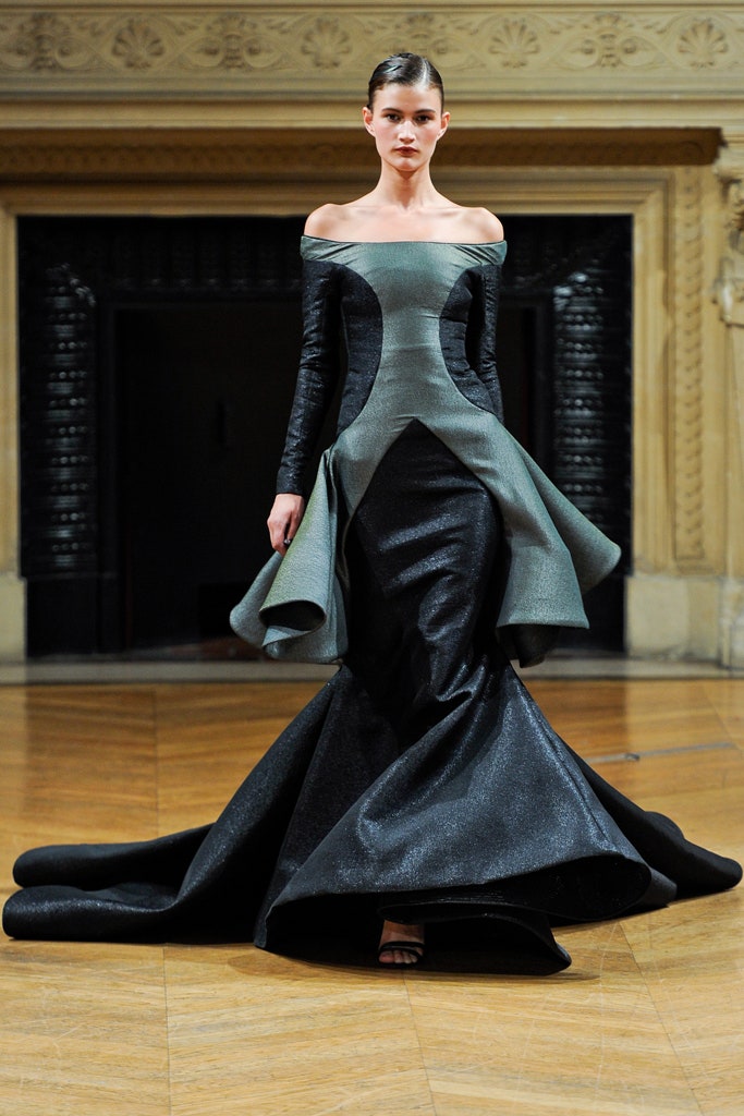 black and gray off-shoulder gown