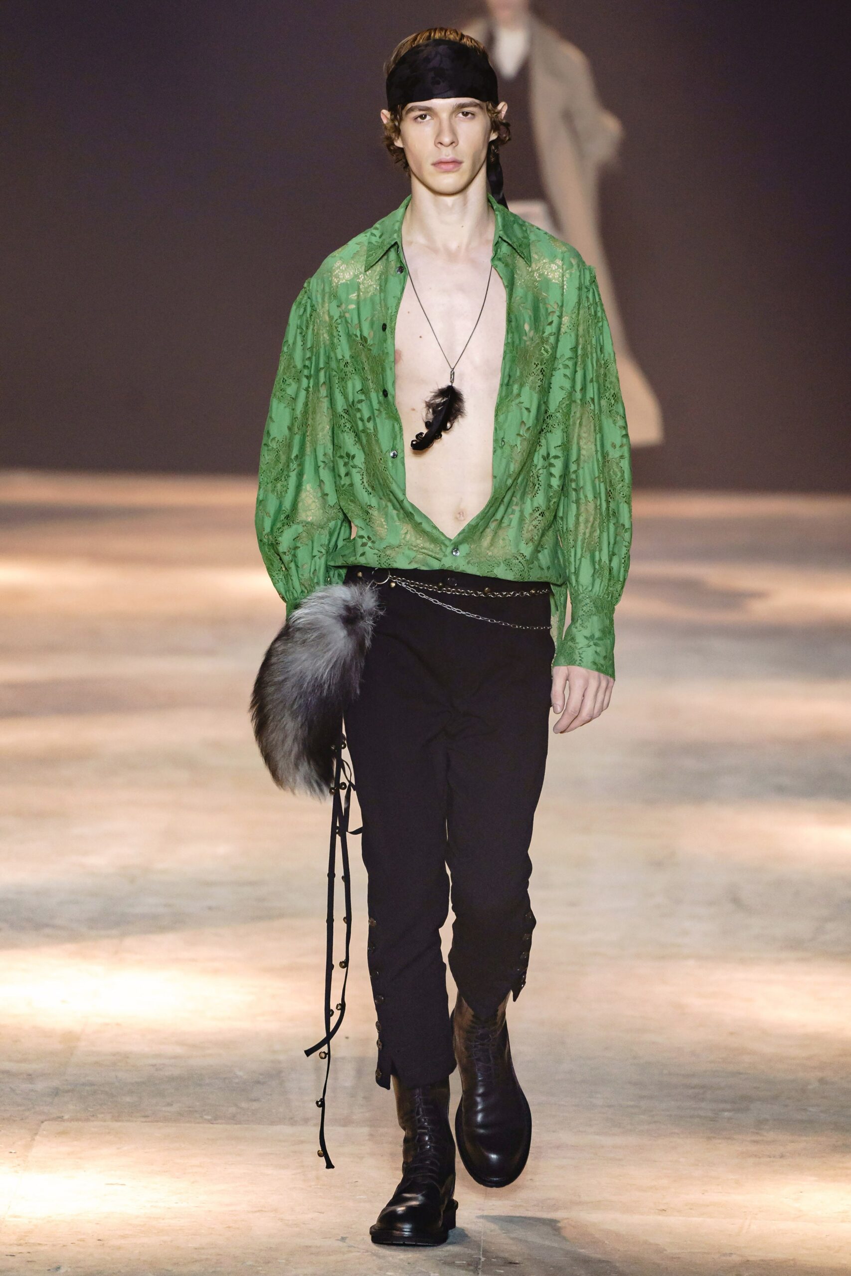 green silk long-sleeve v-neck relaxed embroidered shirt