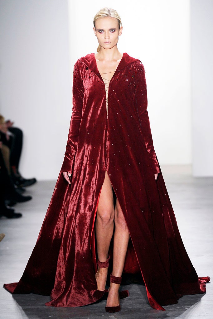 red velvet long-sleeve gown