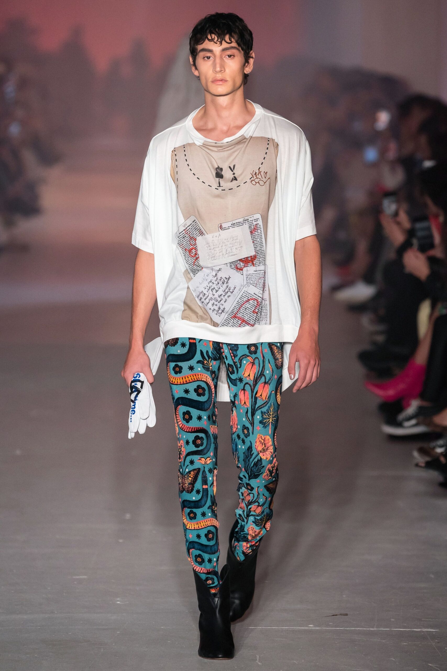 relaxed white t-shirt with multi-colored pants