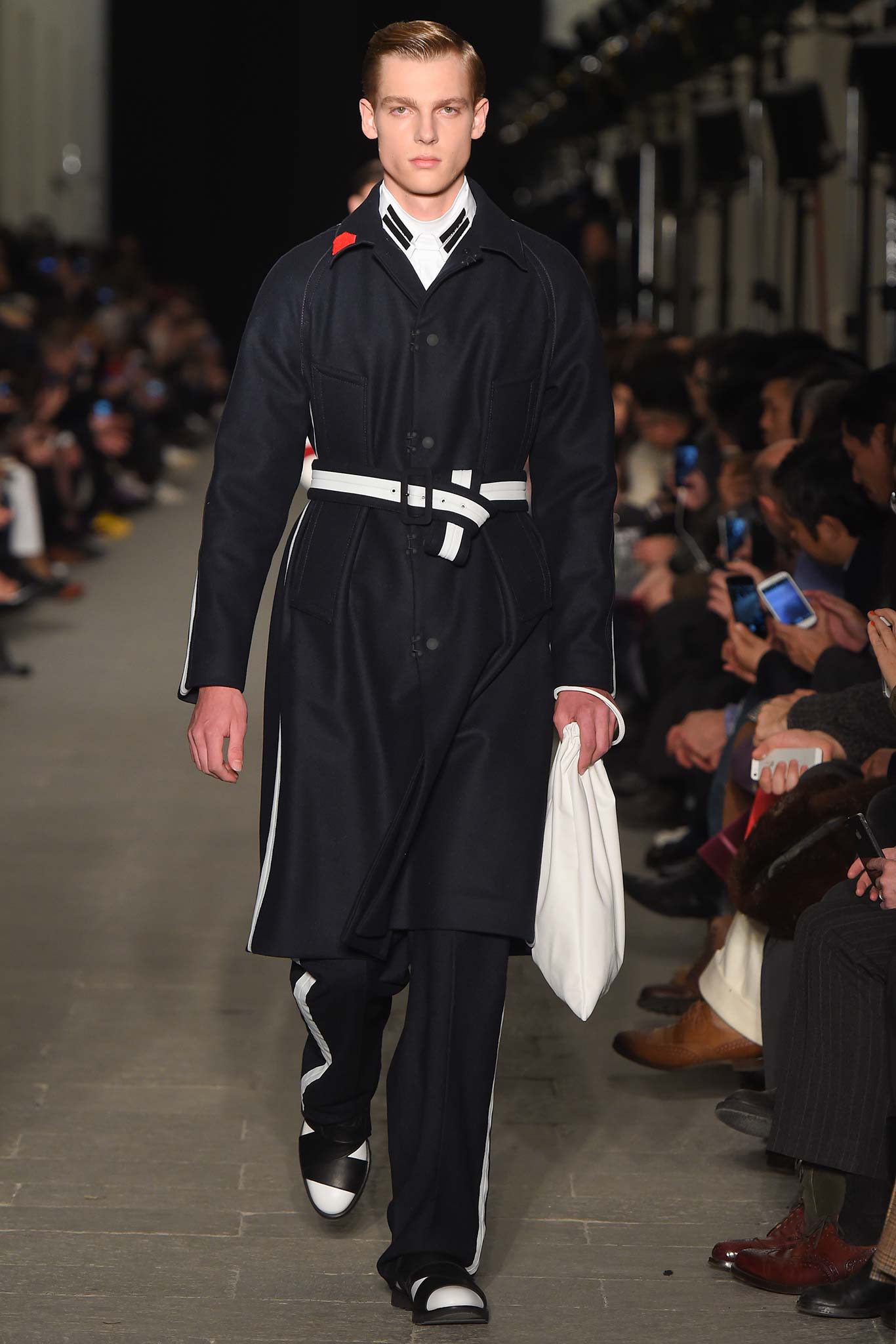 black wool long-sleeve collared fitted belted coat