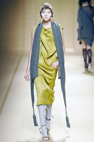 green silk relaxed dress with gray scarf