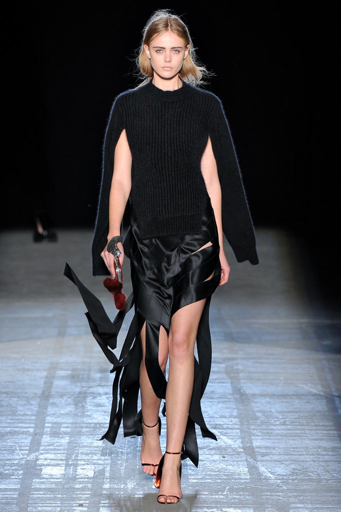 black wool top and silk skirt