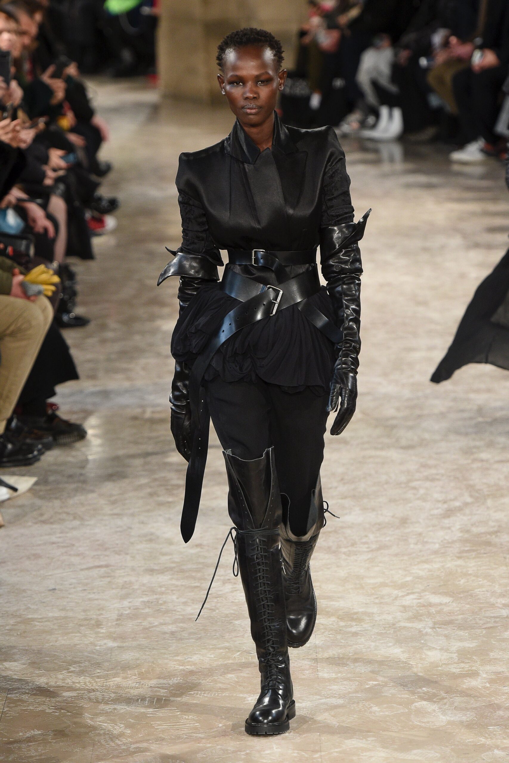 black fitted dress with gloves