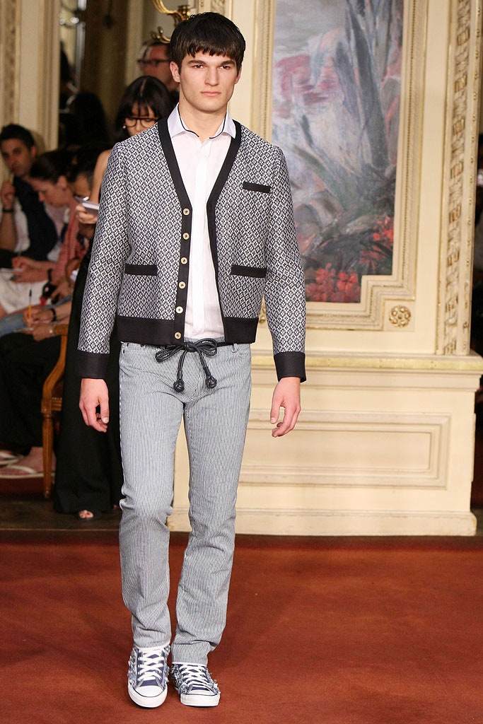 black and white printed cardigan with striped pants