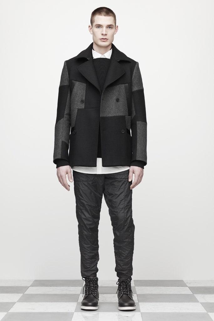 black wool long-sleeve collared structured color-blocked jacket