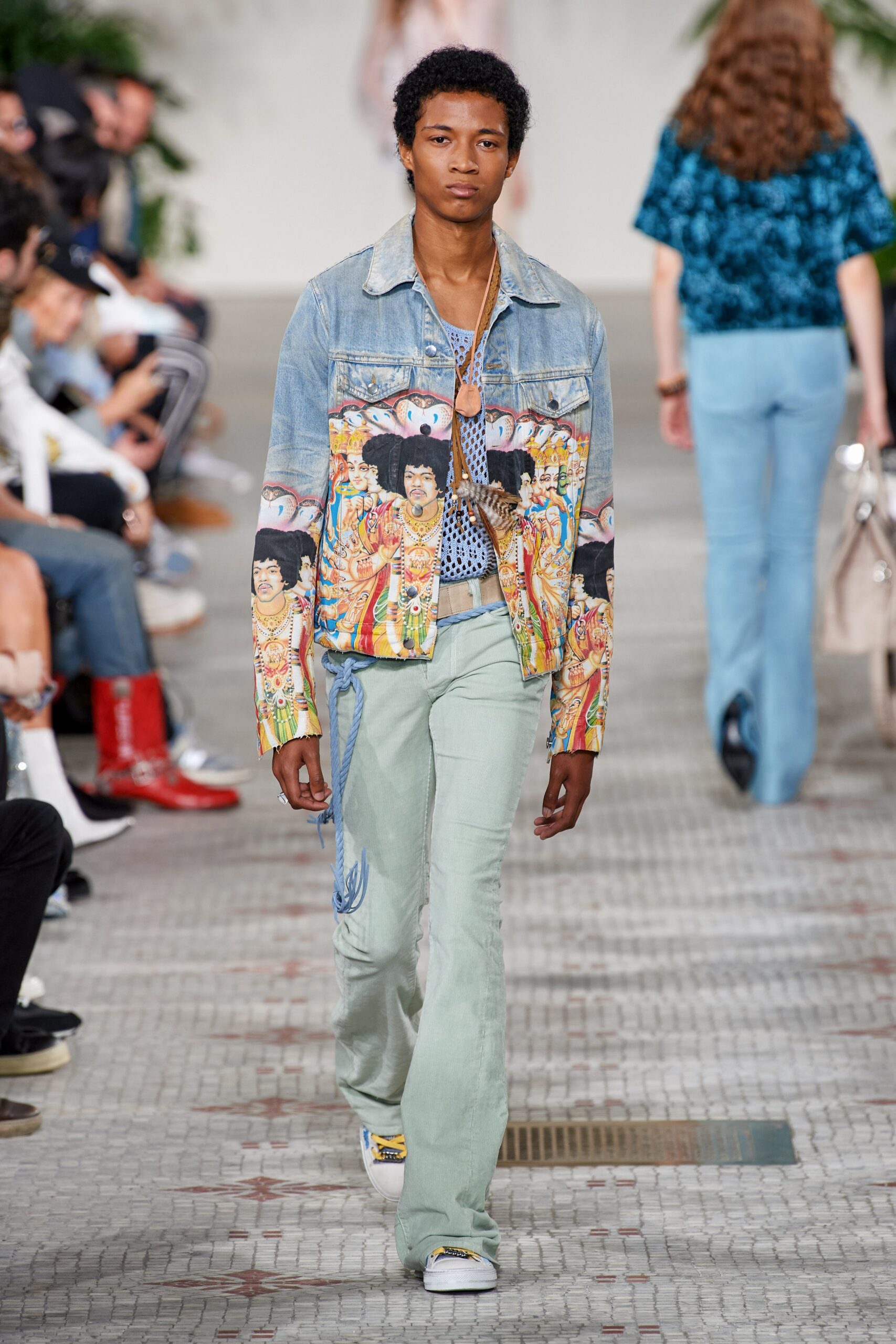 blue denim long-sleeve collared fitted printed jacket