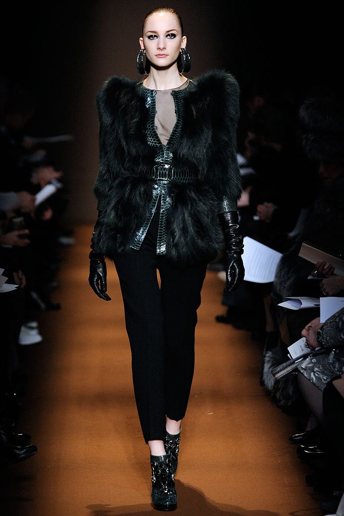 black fur coat with slim pants