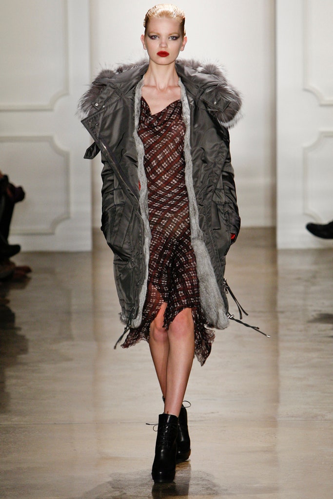 gray faux-fur coat and brown silk dress
