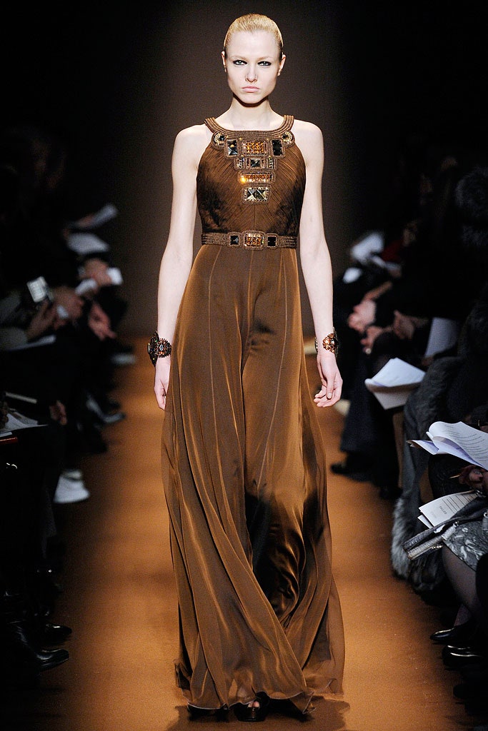 brown silk sleeveless gown