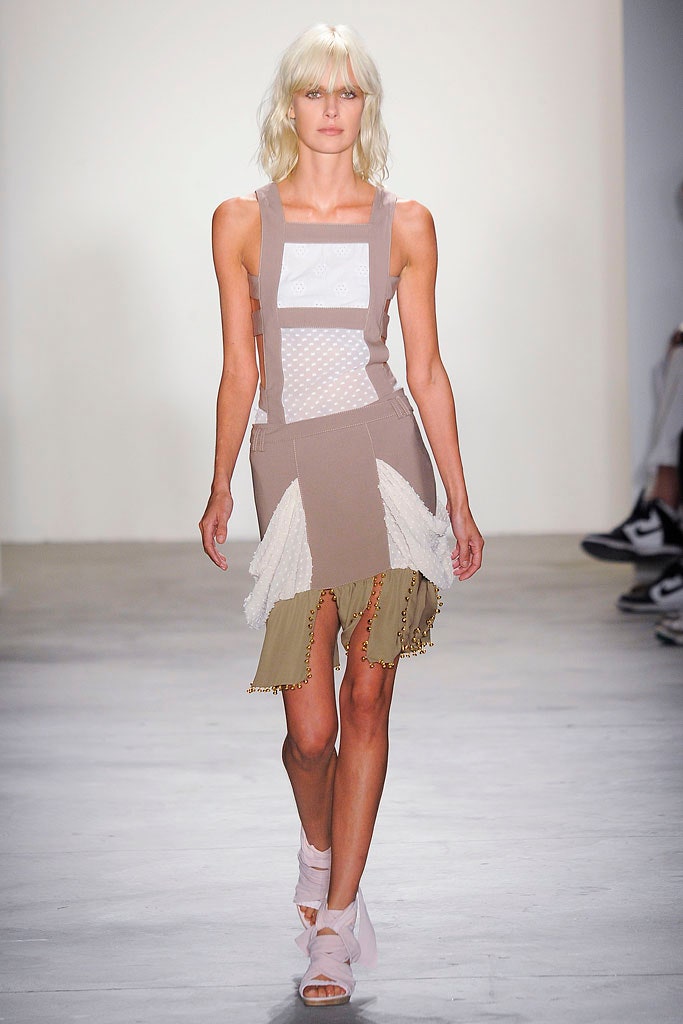 beige and white fitted mini dress