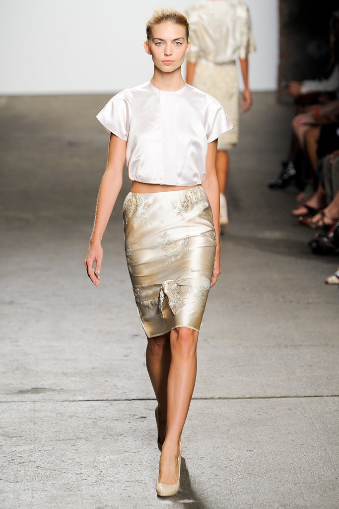 white silk fitted top and gold pencil skirt