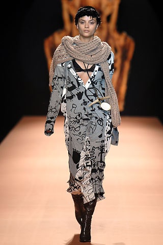 printed midi dress with scarf and boots