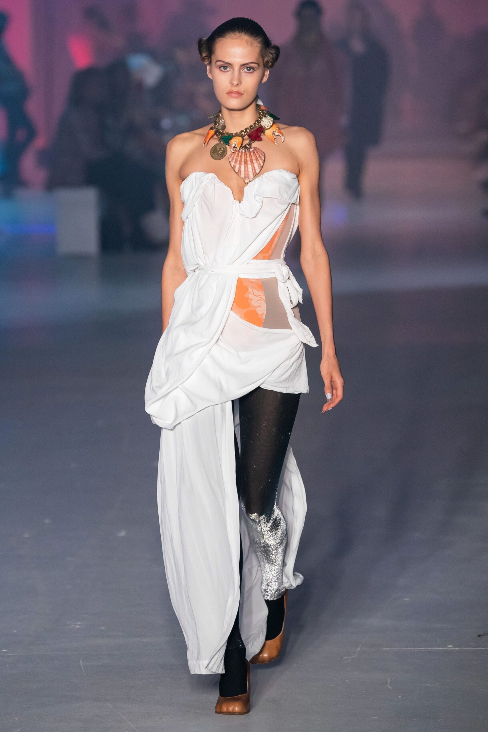 white draped midi dress with leggings