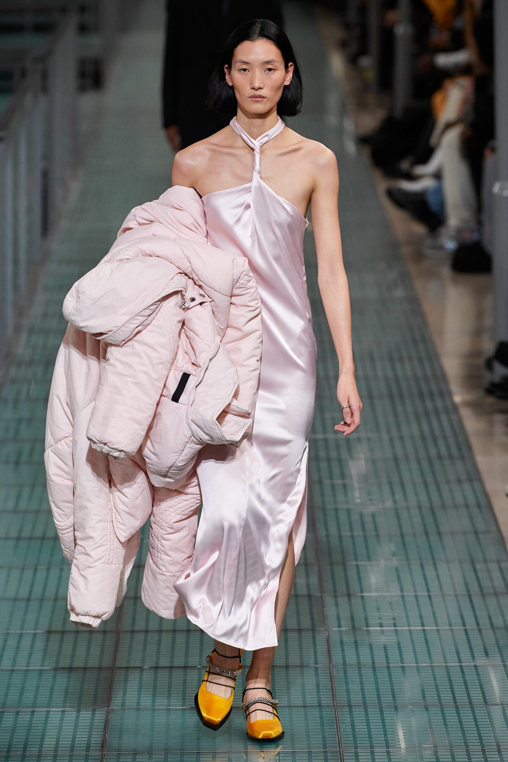 pink silk sleeveless dress with oversized coat