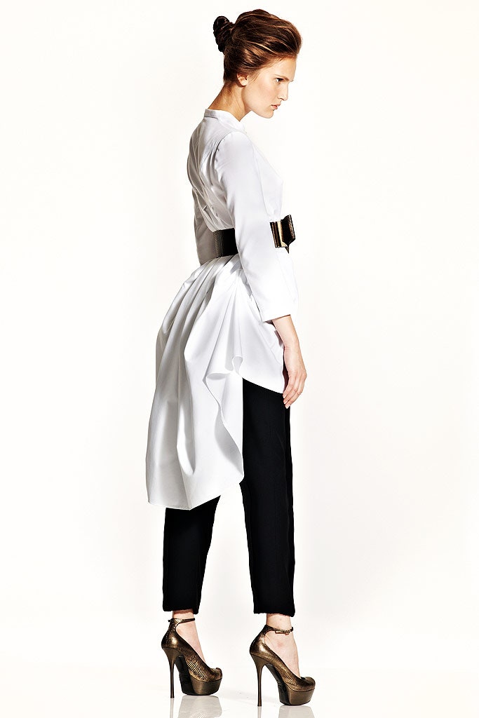 white silk long-sleeve collared fitted draped short blouse