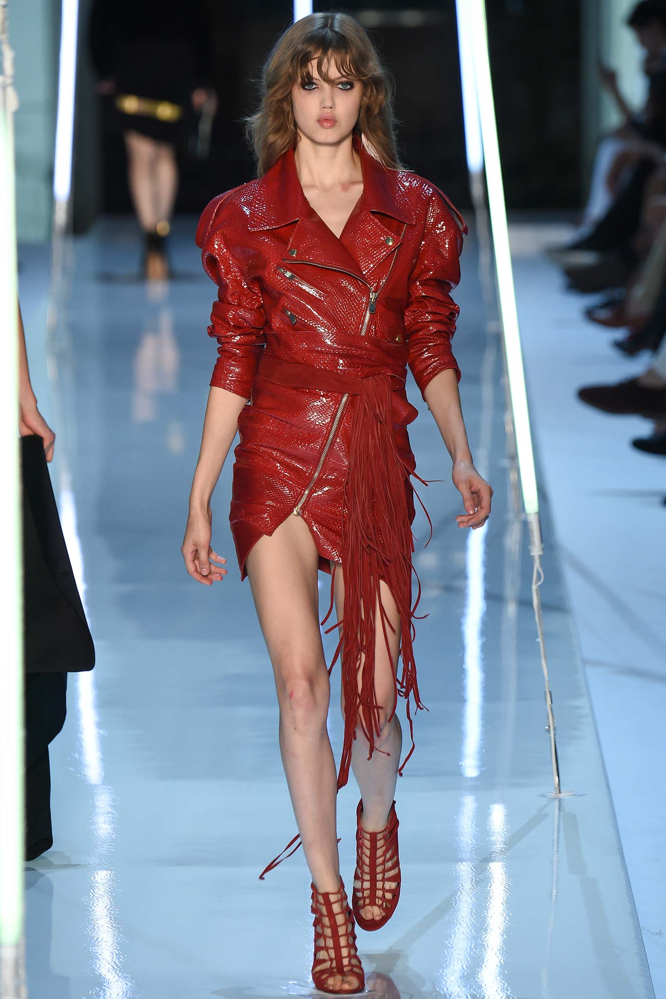 red leather long-sleeve v-neck fitted fringed mini dress