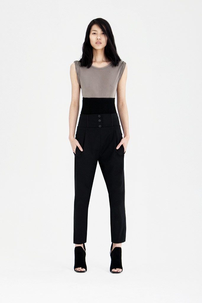 gray fitted top with tailored pants