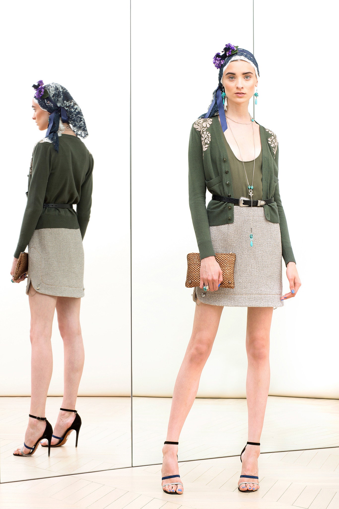 green cotton long-sleeve collared fitted embroidered cardigan