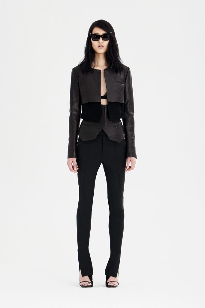 black leather fitted jacket and pants