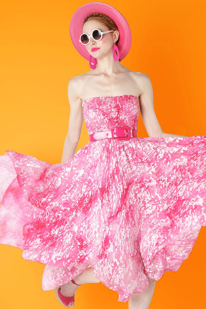 pink strapless flared dress