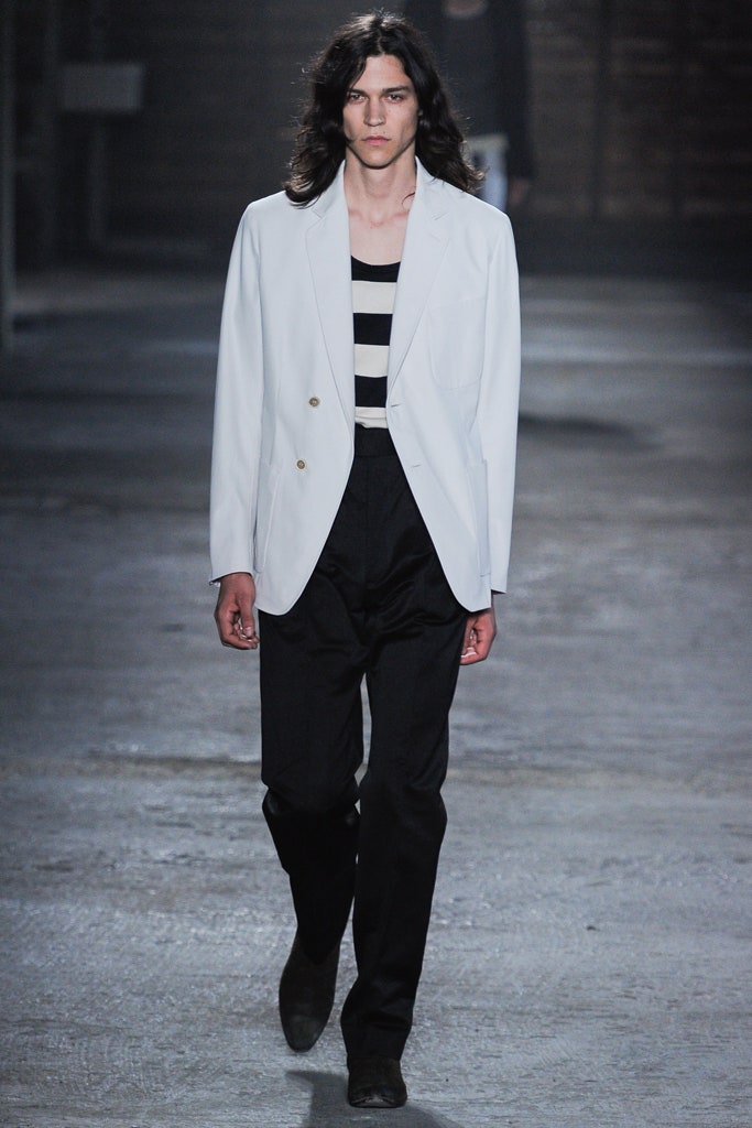 white tailored blazer with striped top