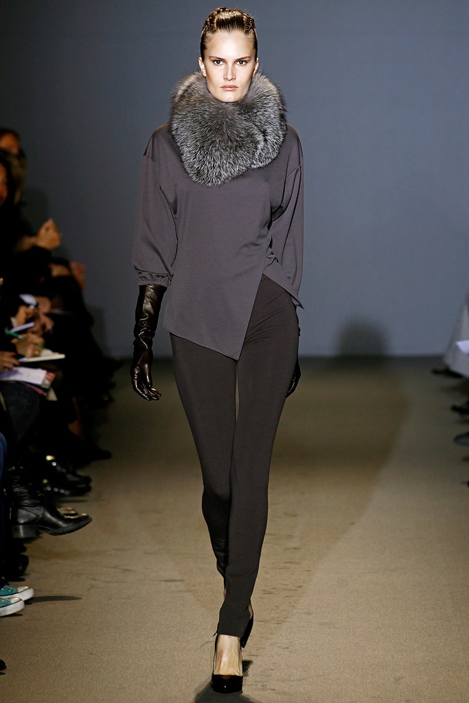 gray wool long-sleeve asymmetric fitted draped top