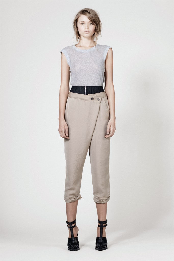 gray fitted top beige pants