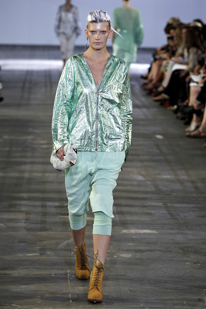 green metallic long-sleeve hooded relaxed zippered shiny jacket