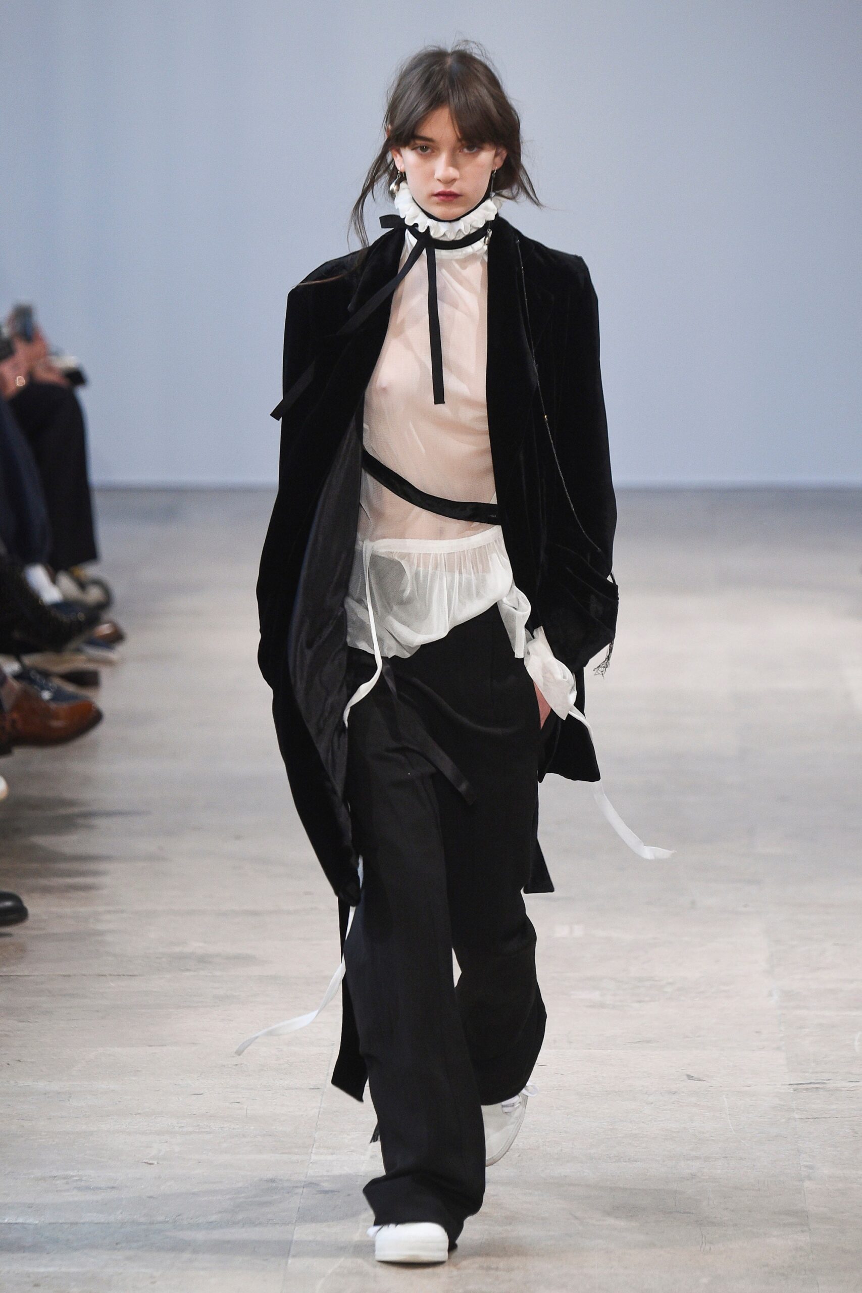 white chiffon long-sleeve collared fitted layered sheer blouse