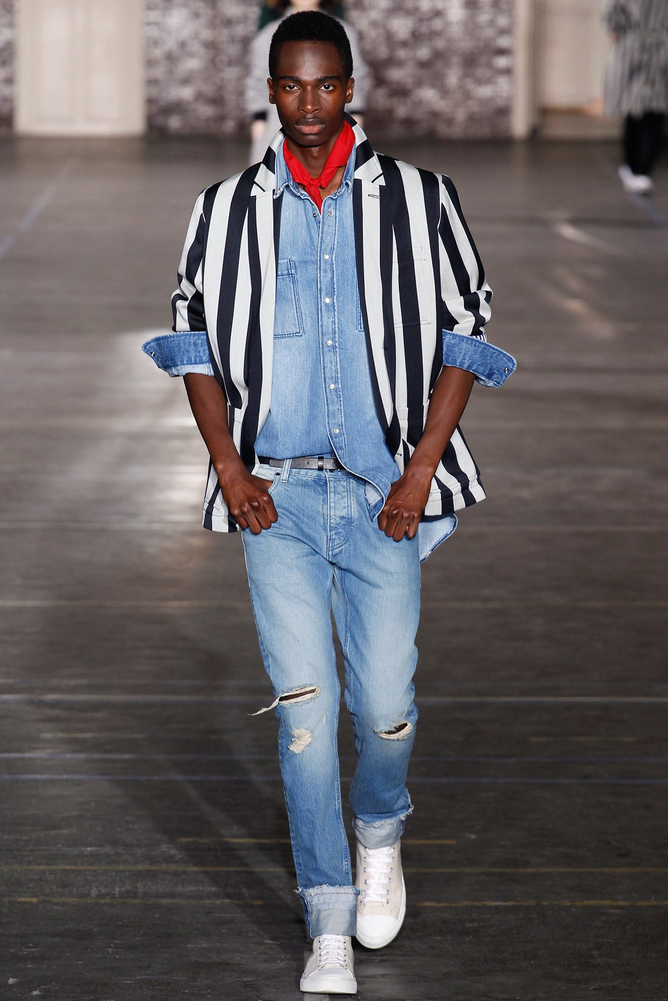 striped jacket with distressed jeans