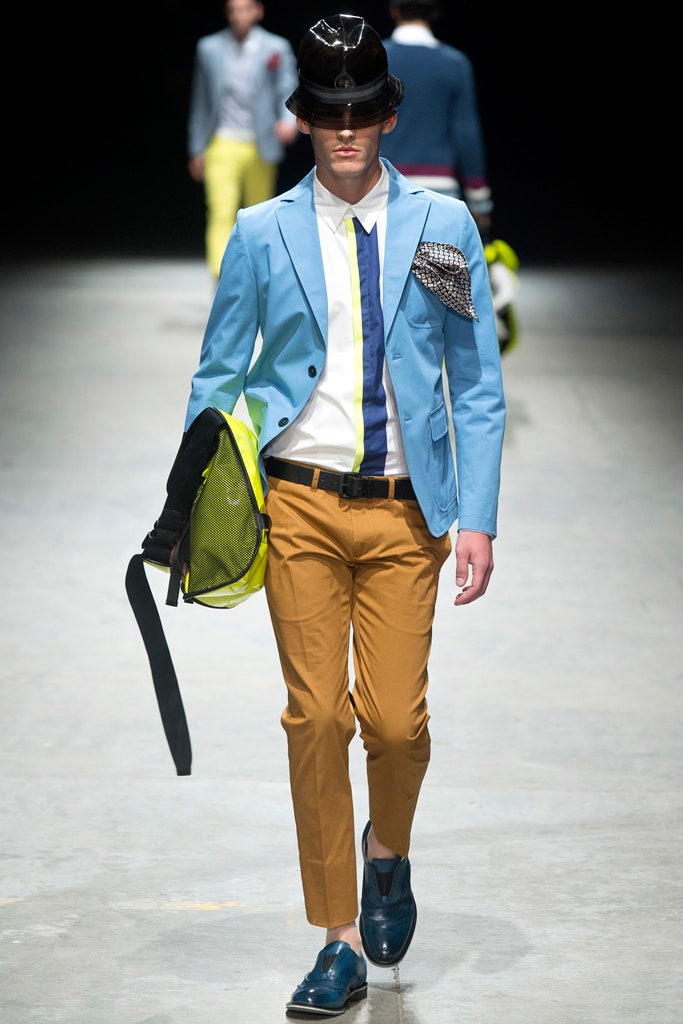 blue tailored blazer with brown pants