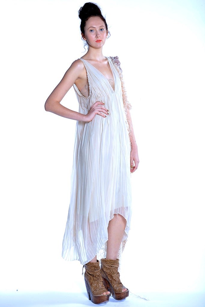 beige silk sleeveless v-neck relaxed pleated draped dress