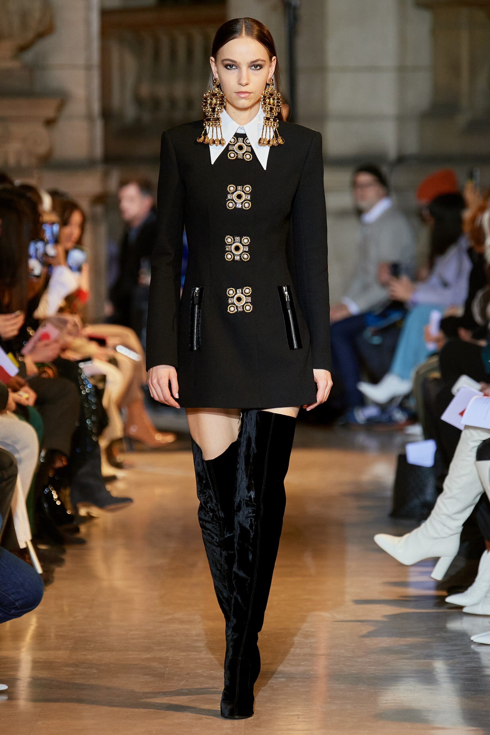 black fitted mini dress with boots