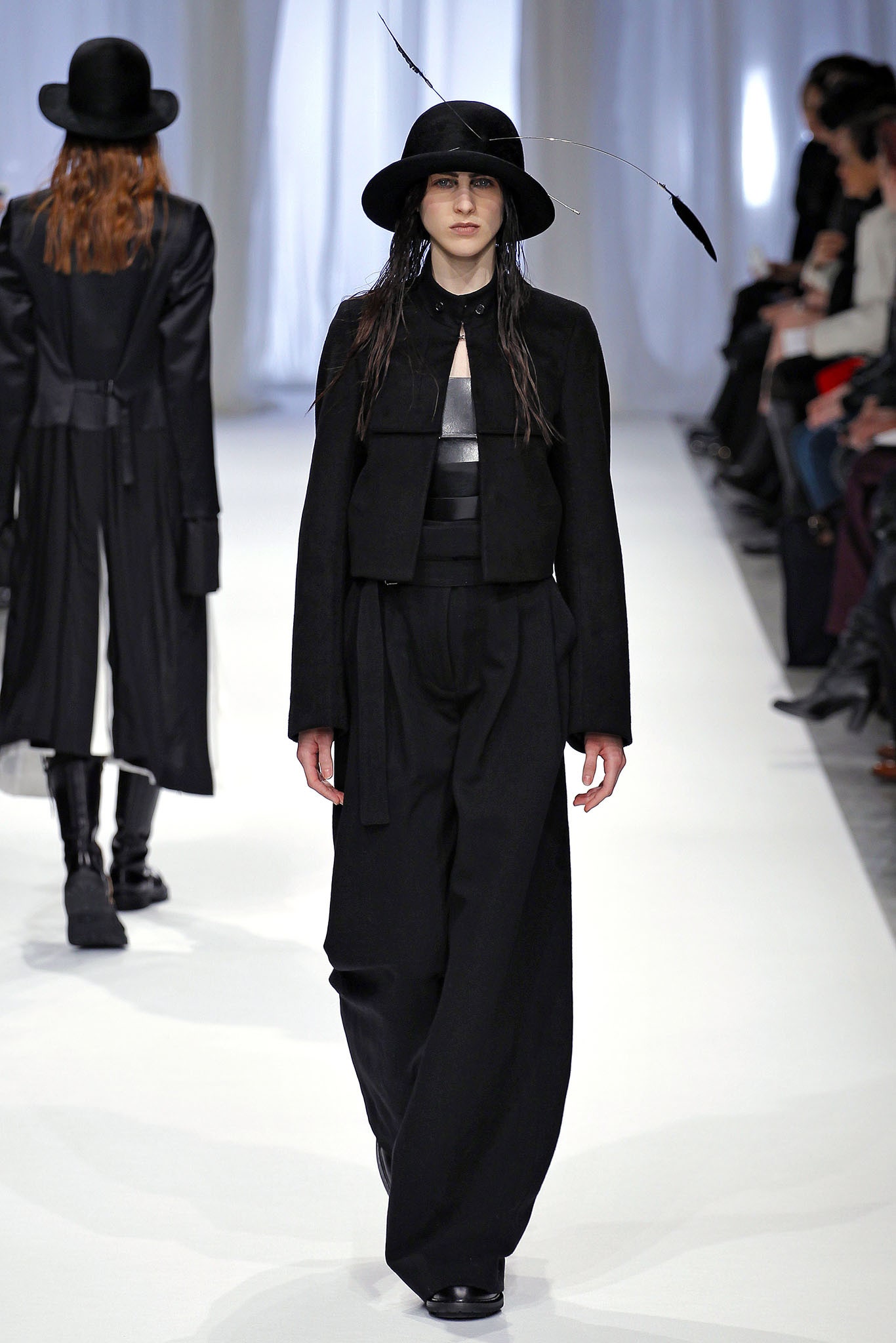 black fitted jacket with wide-leg pants